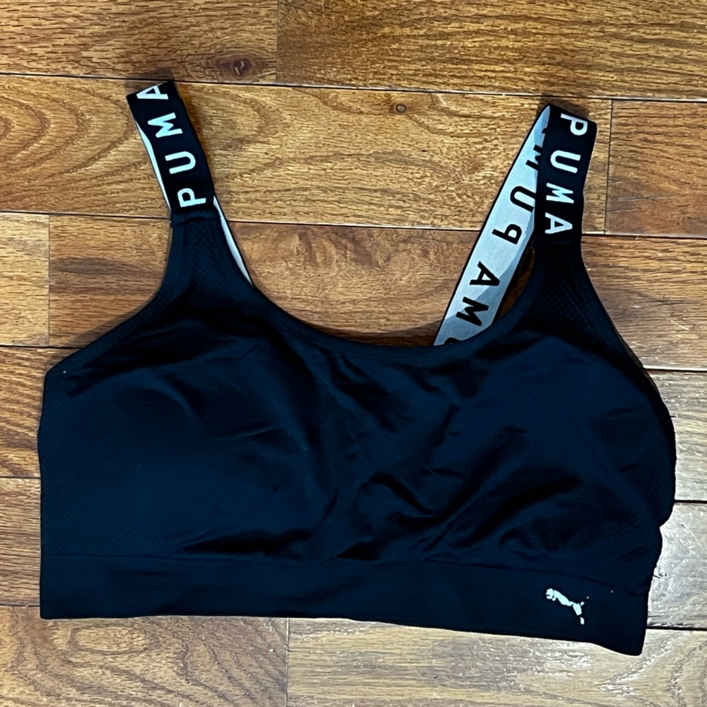 Puma Black Sports Bra XL White Logo Straps Preowned Logo Wear